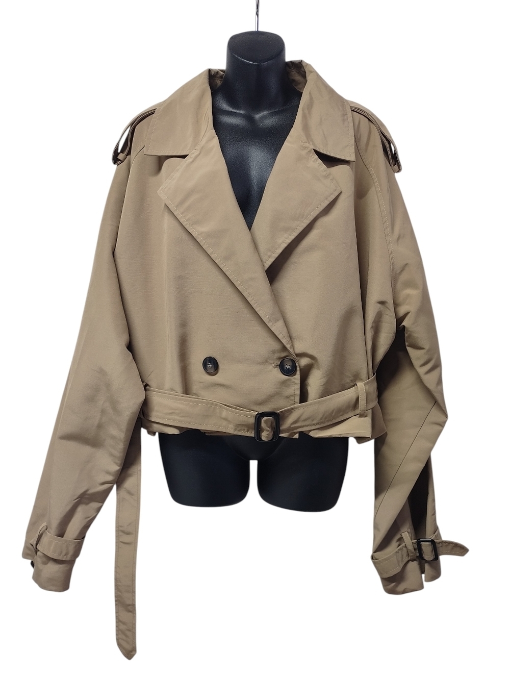 PrettyLittleThing Plus Taupe Khaki Cropped Belted Trench Coat Jacket Sz 20 NWT